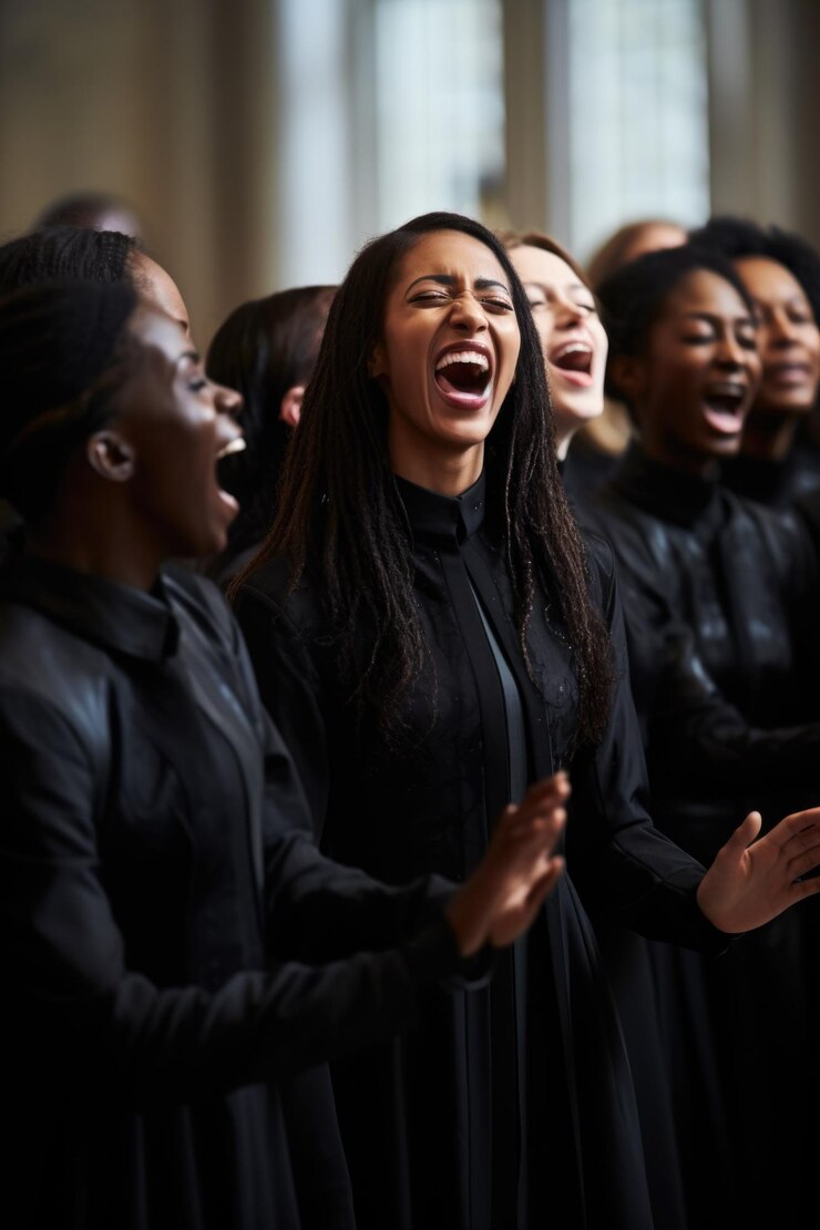 Some girls singing in a gospel choir energetically
