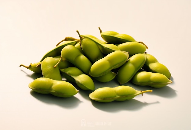 Some green soybeans on white screen