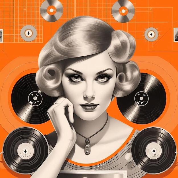 some images of a woman and record decks in the style of collage pop art