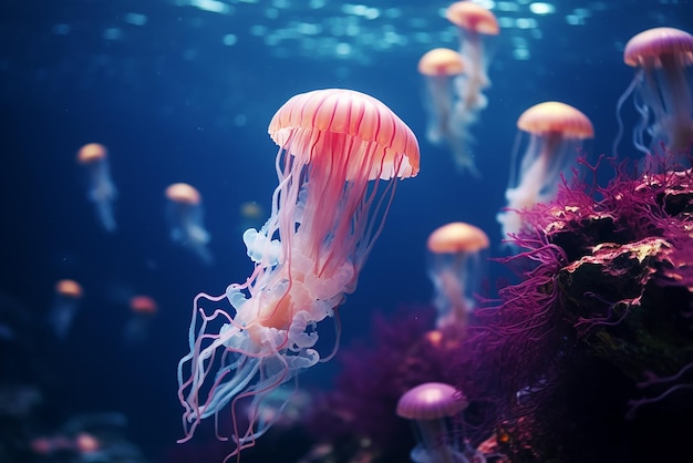 Some jellyfish in a coral reef