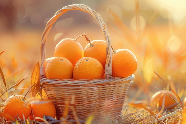 Some oranges in a basket over a wooden surface on a orange field background