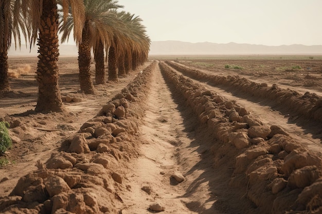 some palm trees in the middle of an arid area with rocks and dirt on either side of the road