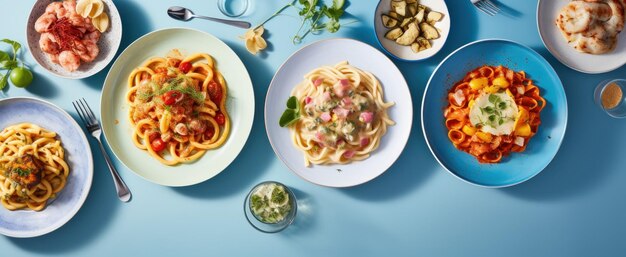 some pasta dishes on table in white and grey