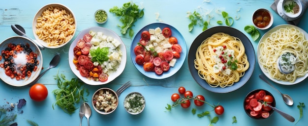some pasta dishes on table in white and grey