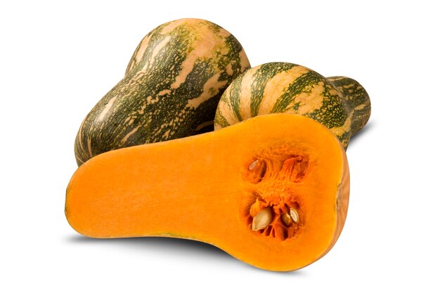 Some Paulistan pumpkins in a basket over a white isolated.