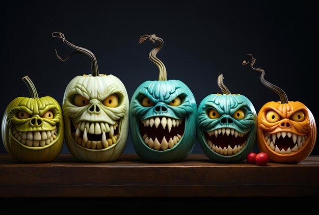 Foto alcune mele intagliate a forma di zucca sono su un tavolo nello stile del dente wu