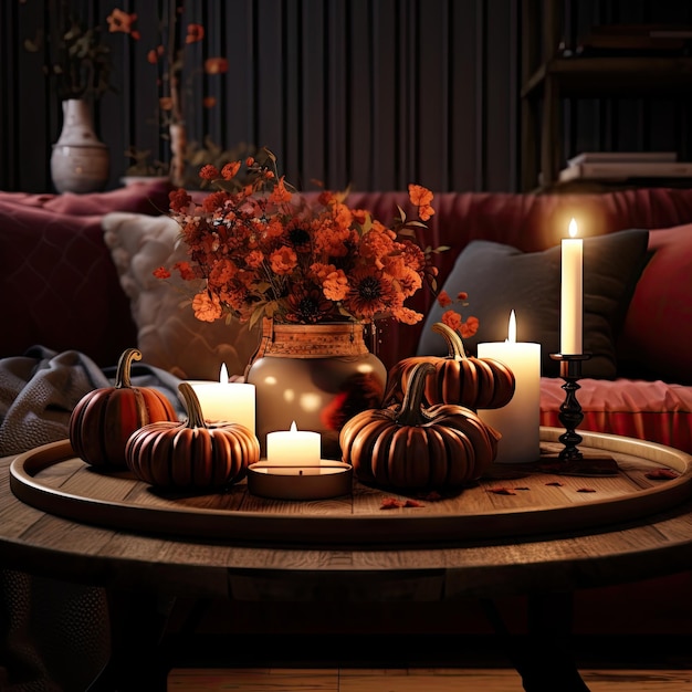 some pumpkins and candles on a coffee table with fall flowers in the centerpiece is lit by candlelighters