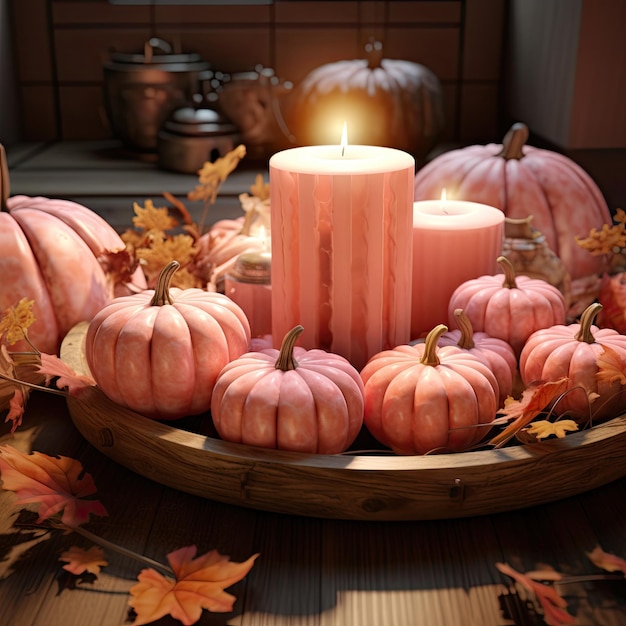 some pumpkins and candles on a table with autumn leaves around it as seen from above the image is a candle surrounded by