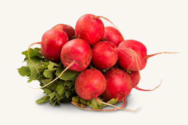 Some radishes in a basket over a white surface. Fresh vegetable