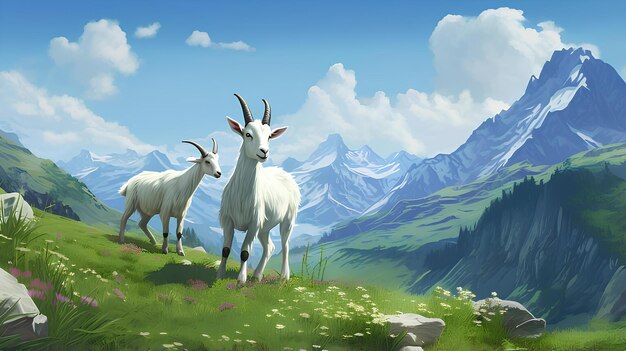 Некоторые овцы искали траву на луге возле горы.