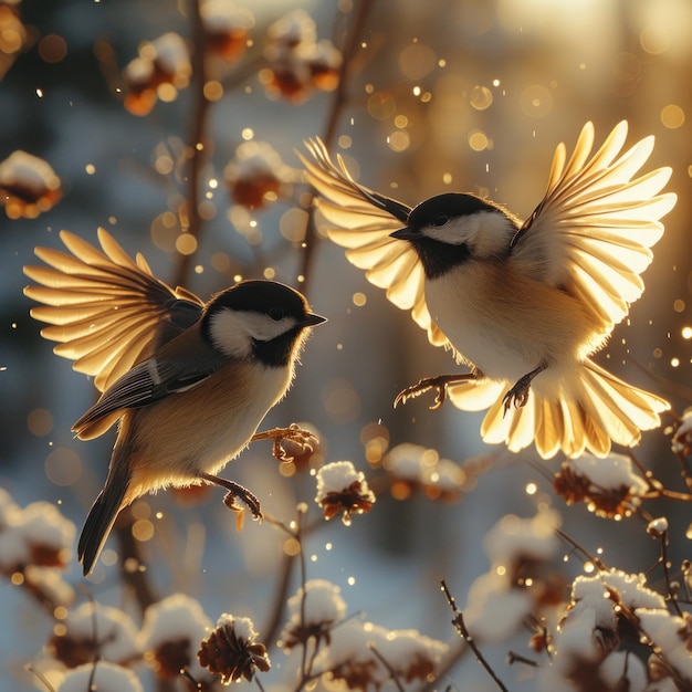 Photo some small chickadees flew towards spreading their wings and feathers