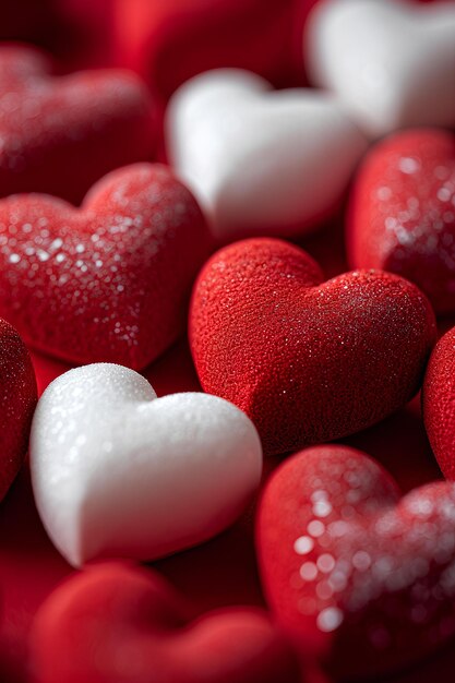 Some small white and red heart shaped desserts on