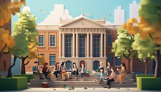 some students sitting at univercity hall cartoon aesthetics 3d cartoonminimalistic