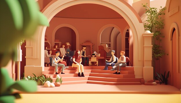 Photo some students sitting at univercity hall cartoon aesthetics 3d cartoonminimalistic