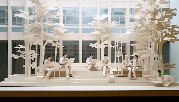 Foto alcuni studenti seduti al diorama minimalista di carta a strati del municipio universitario