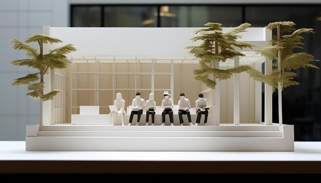 Some students sitting at univercity hall minimalist layered paper diorama