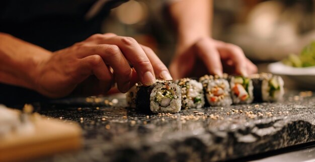 Foto un po' di sushi viene messo su un tavolo di pietra.