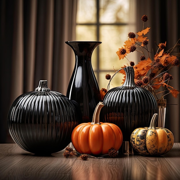 some vases and pumpkins on a table with autumn leaves in the foregrounded image is blurry