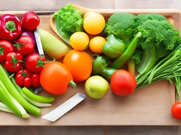 Some vegetables are on the wooden table