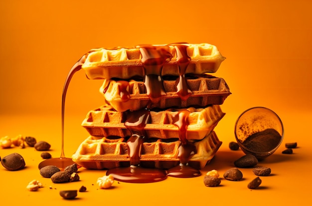 Foto alcuni waffle crunch burro di arachidi e sciroppo su sfondo giallo