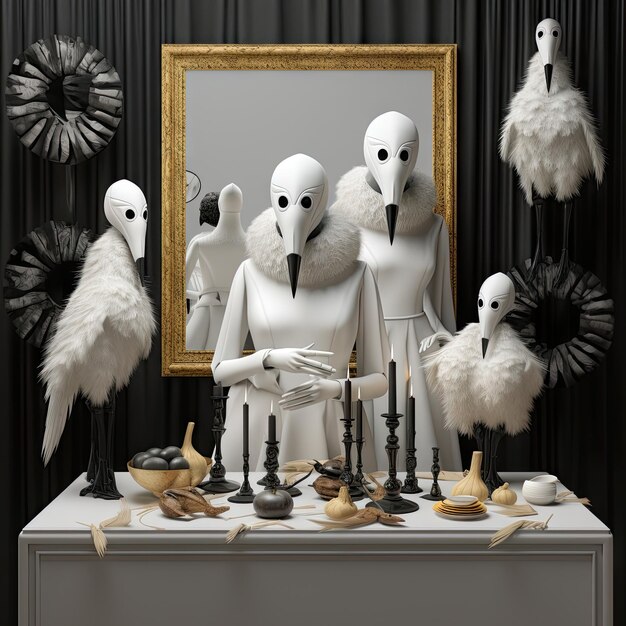 Фото Некоторые белые птицы перед столом с зеркалом и вазами на нем, окруженные черными перьями