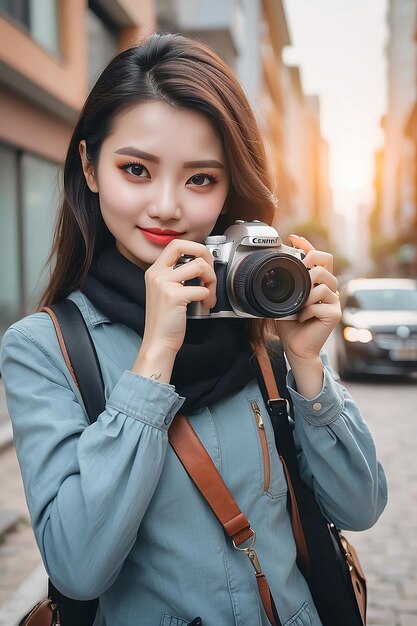 Some women hold dslr camera on hand and take a photo in city