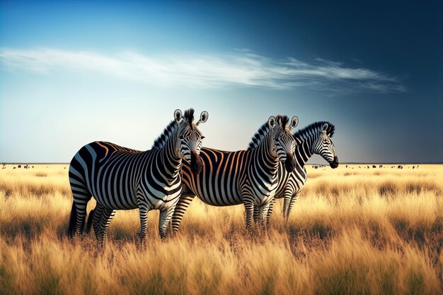 Some zebras may be seen in this horizontal view grazing in the open grassland against a blue sky