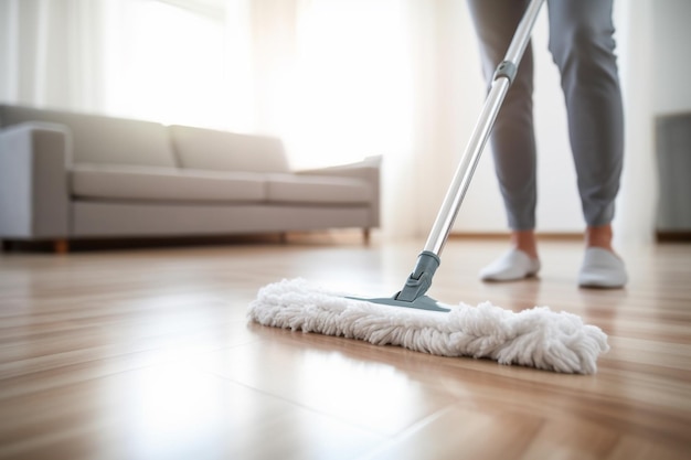 someone cleaning the flooring with a mop