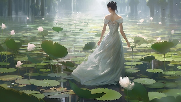 Someone in a dress surrounded by water lily