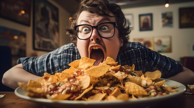 Foto un qualcuno che si gode un ordine croccante di nachos