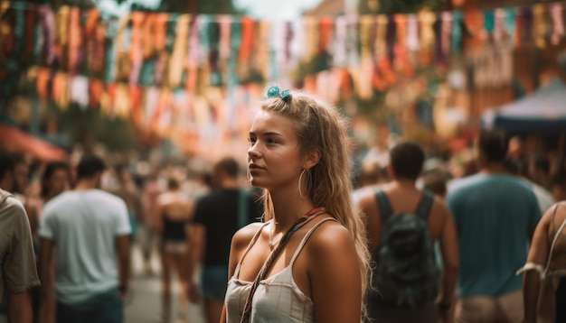 Photo someone enjoying a summer festival with crowds of people and colorful decorations generative ai