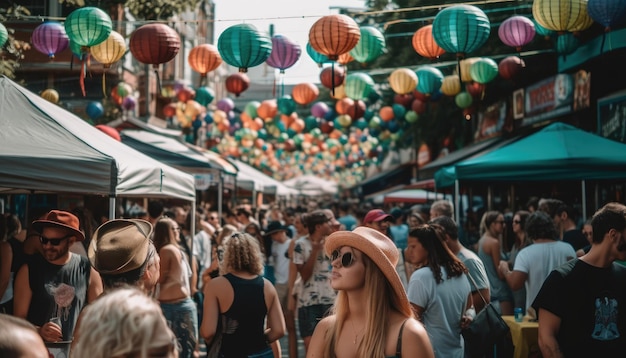 Someone enjoying a summer festival with crowds of people and colorful decorations Generative AI