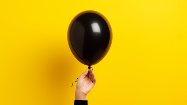 Someone holding a black balloon in their hand against a yellow background generative ai