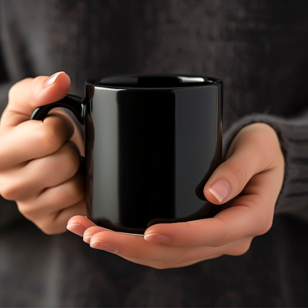 Someone holding a black coffee mug in their hands Mug mockup generator Generated AI