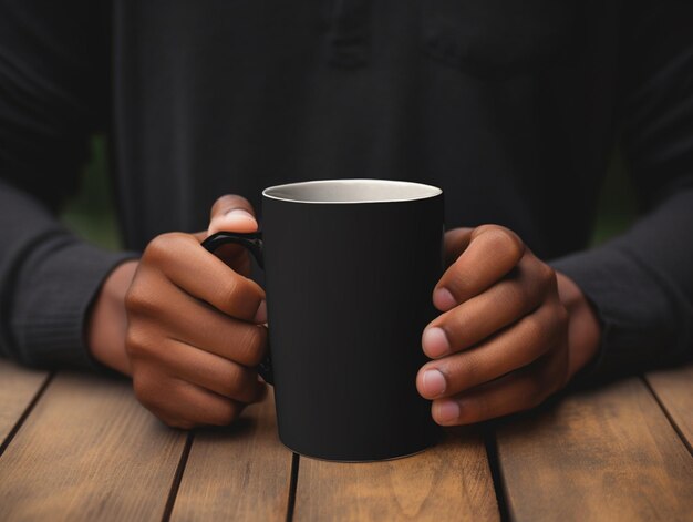 someone holding a black coffee mug on a wooden table generative ai