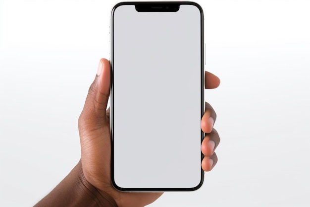 Someone holding a black iphone in their hand with a white screen generative ai