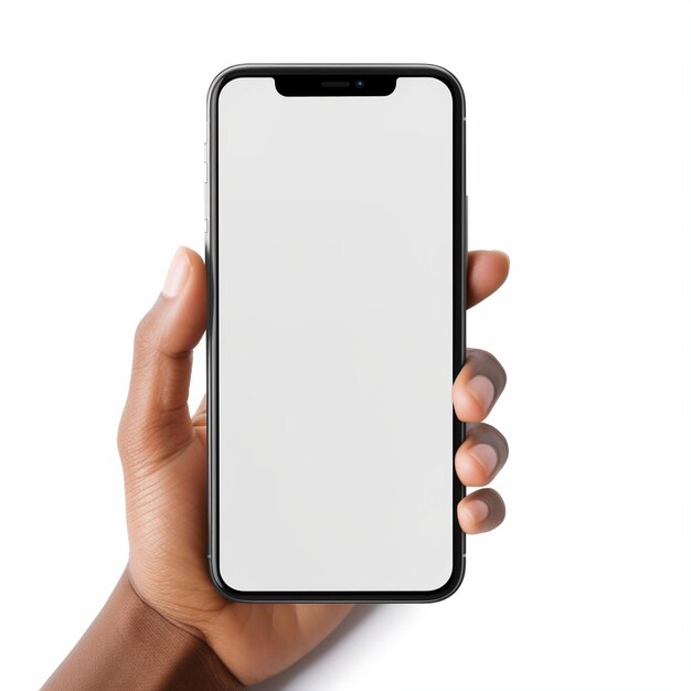 Photo someone holding a black phone with a white screen in their hand