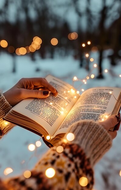 Foto qualcuno che tiene un libro in mano con una stringa di luci sullo sfondo generativo ai