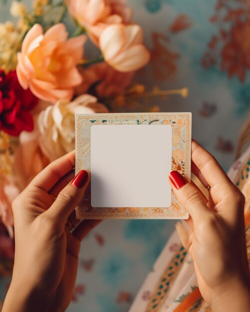 Foto qualcuno che tiene una carta con una foto di una donna che tiene dei fiori generativo ai