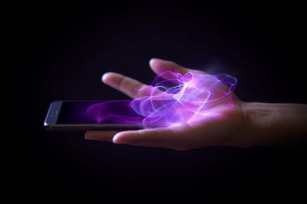 Someone holding a cell phone with a glowing purple smoke coming out of it generative ai