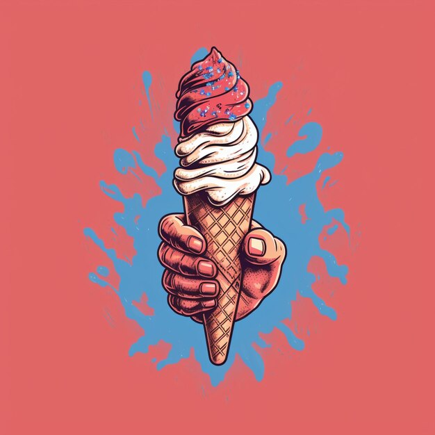 Foto qualcuno che tiene un cono con un gelato rosso e bianco su di esso generativo ai