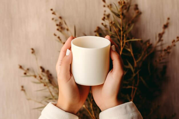 someone holding a cup in their hands with a plant in the background generative ai