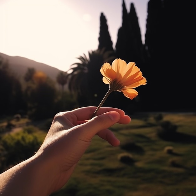 Foto qualcuno che tiene un fiore in mano in un campo generativo ai