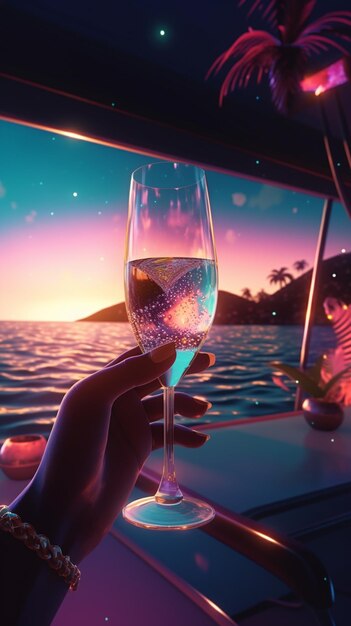 Someone holding a glass of wine in front of a boat at sunset generative ai