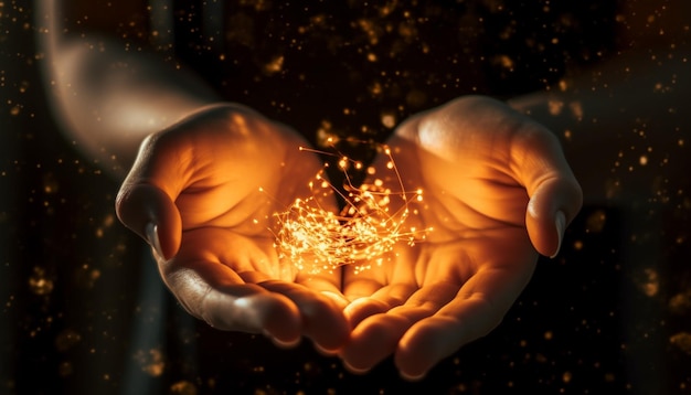 Photo someone holding a glowing sparkle in their hands generative ai