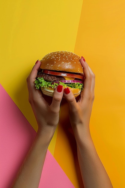 someone holding a hamburger in their hands on a colorful background generative ai