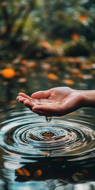 someone holding out their hand to a drop of water in a pond generative ai