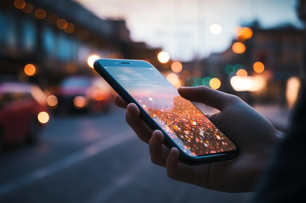 Foto qualcuno che tiene un telefono in mano su una strada della città generativa ai