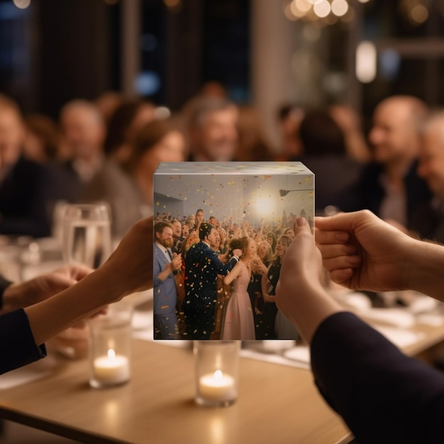 Foto qualcuno con in mano una foto di una festa di matrimonio con una folla di persone generative ai