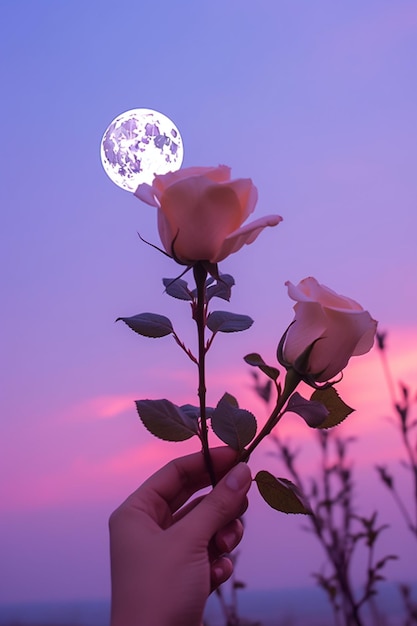 Someone holding a rose in their hand with the moon in the background generative ai